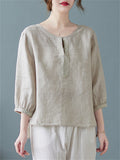 Plain Scoop Neck 3/4 Sleeve Female Cozy Linen Shirt