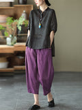 Cotton Linen Elastic Waist Solid Patchwork Women's Pants