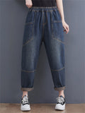 Women's Blue Patchwork Elastic Waist Loose Jeans