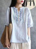 Female Ethnic Style Cotton Linen Short Sleeve V-neck Shirts