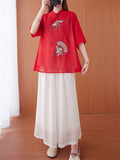 Chinese Style Peach Blossom Fan Embroidery Female Half Sleeve Shirt