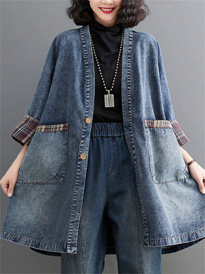 Ladies Stylish Plaid Patchwork Pockets Denim Jacket