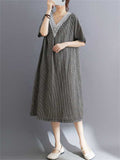 Women's Cotton Linen Lace V-Neck A-Line Plaid Dress