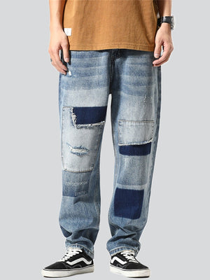 Men's Streetwear Vintage Loose Contrast Color Patch Jeans