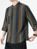 Men's Leisure Stripe Contrast Color Stand Collar Half Sleeve Shirt