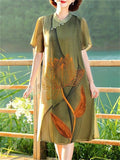 Ladies Cozy Breathable Chiffon Dress with Golden Lotus Print