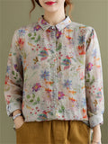 Female Cozy Literary Cotton Linen Floral Print Shirts