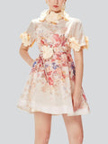 3D Flower Lace-Up Print Mini Dresses for Ladies