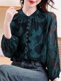 Women's Leisure Dark Green Jacquard Breathable Sleeve Chiffon Shirt