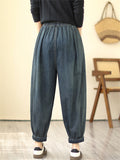 Lady Plain Dark Blue Oversized Drawstring Jeans