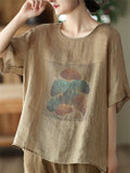 Women's Ginkgo Leaf Printed Round Collar Short Sleeve Shirt