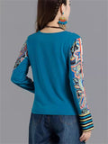 Female Ethnic Style Floral Patchwork Round Neck Long Sleeve Shirts