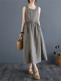 Retro Plaid Sleeveless Cotton Linen Midi Dress for Women