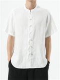 Men's Summer Plain Linen Stand Collar Button Up Shirt