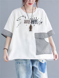 Women's Summer Letter Print Plaid Patch Pocket T-shirt