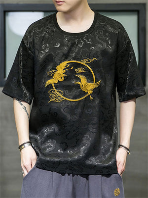 Men's Vintage Golden Crane Embroidery Summer Short Sleeve Shirt