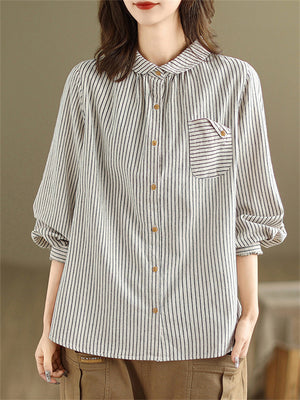 Female Popular Cotton Linen Button Up Pocket Striped Shirts