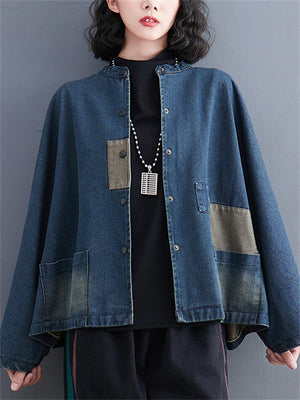 Distressed Patch Splicing Female Snap Button Denim Jacket