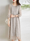 Beautiful Lace Floral Embroidery Silky Midi Dress for Lady