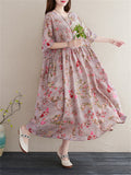 Women's Peach Blossom Print Round Neck Half Sleeve Cotton Dress