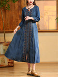 Women's Retro Hand-Embroidered Blue Denim A-Line Dress