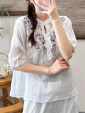 Female Summer V Neck Embroidered Breathable Shirts