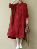 Women's Vintage Red Lapel Button Up Mid-Length Shirt Dress