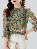 Floral Print Ruffle Trim Chiffon Shirt for Ladies