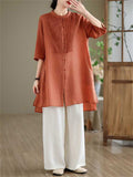 Female Leisure Cotton Linen 3/4 Sleeve Mid-Length Shirt