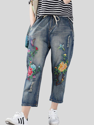 Vintage Floral Ripped Elastic Waist Blue Jeans for Lady