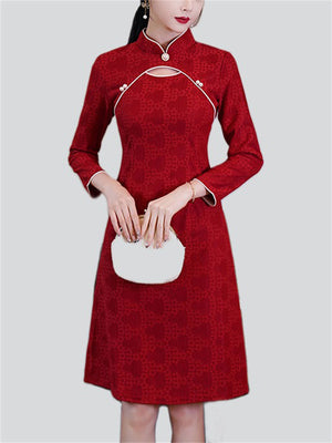 Chinese Style Wine Red Knee Length Jacquard Qipao