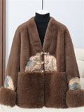 Ladies Vintage Luxury V Neck Knot Button Faux Mink Coats