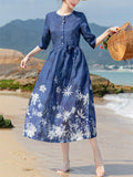 White Flower Print Round Neck Half Sleeve Blue Dress for Lady