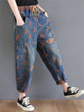 Women's Orange Feather Chic Splicing Blue Denim Pants