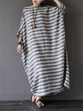 Relaxed Stripe Round Neck Cotton Linen Long Dress for Lady