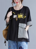 Women's Summer Letter Print Plaid Patch Pocket T-shirt