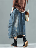 Retro Pocket Elastic Waist Blue Denim Skirt for Women