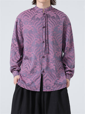 Men's River Cliff Waves Jacquard Chinese Style Shirts