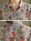 Female Cozy Literary Cotton Linen Floral Print Shirts