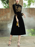 Women's Elegant Velvet Stand Collar Midi Embroidery Qipao