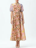 Ladies Printed Patchwork Stand Collar Puff Sleeve Dress