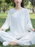 Female Solid Color Yoga Mditation Tai Chi Shirt Pants Set