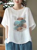 Women's Ginkgo Leaf Printed Round Collar Short Sleeve Shirt