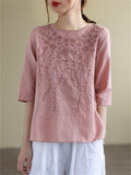 Retro Flower Embroidery Regular Fit Crew Neck Shirt for Women