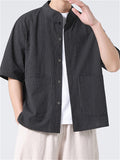 Men's Retro Tang Suit Stripe Stand Collar Summer Linen Shirt