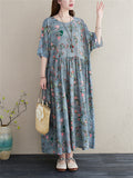 Women's Peach Blossom Print Round Neck Half Sleeve Cotton Dress