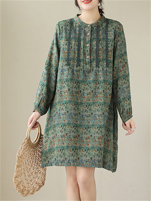 Female Ethnic Print Round Neck Long Sleeve Linen Shirt