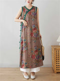 Chinese Style V-Neck Floral Print Sleeveless Cheongsam Dress