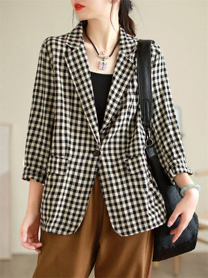 Women's Trendy Casual Plaid Notched Lapel Long Sleeve Blazer