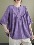 Summer Cotton Linen Half Sleeve Pleated Shirt for Women